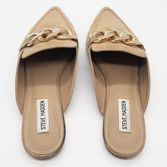 Steve Madden Finely Tan Beige Pointed Toe Gold Chunky Chain Slip On Mules  9.5 - Picture 6 of 15